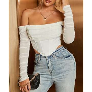Mesh Sheer Long Sleeve Corset Crop top Ruched off Shoulder Blouse Push Up Party Boned Bustier for Cute Women Trendy
