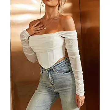 Mesh Sheer Long Sleeve Corset Crop top Ruched off Shoulder Blouse Push Up Party Boned Bustier for Cute Women Trendy