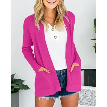 MEROKEETY Women's 2024 Fall Open Front Waffle Knit Cardigan Long Sleeve Cozy Knit Sweaters with Pockets, Magenta, Medium