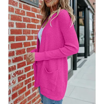 MEROKEETY Women's 2024 Fall Open Front Waffle Knit Cardigan Long Sleeve Cozy Knit Sweaters with Pockets, Magenta, Medium