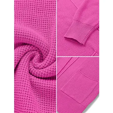 MEROKEETY Women's 2024 Fall Open Front Waffle Knit Cardigan Long Sleeve Cozy Knit Sweaters with Pockets, Magenta, Medium