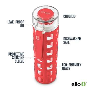 Ello Syndicate 20oz Reusable Glass Water Bottle with One-Touch Leak Proof Flip Lid and Protective No...