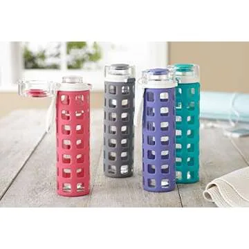 Ello Syndicate 20oz Reusable Glass Water Bottle with One-Touch Leak Proof Flip Lid and Protective Non-Slip Silicone Sleeve and Carry Loop for Coffee, Tea and Water, BPA-free Dishwasher Safe, Coral