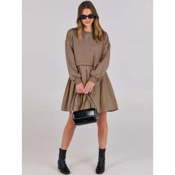 ANRABESS Women Sweatshirts Dress Oversized Long Sleeve Patchwork Casual Loose Pleated Pullover Mini Dress Fall Outfits 2025 Khaki Small