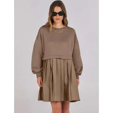 ANRABESS Women Sweatshirts Dress Oversized Long Sleeve Patchwork Casual Loose Pleated Pullover Mini Dress Fall Outfits 2025 Khaki Small