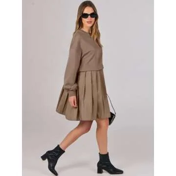 ANRABESS Women Sweatshirts Dress Oversized Long Sleeve Patchwork Casual Loose Pleated Pullover Mini Dress Fall Outfits 2025 Khaki Small
