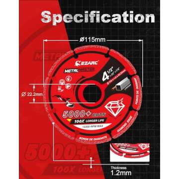 EZARC Diamond Cutting Wheel 4 1/2 x 7/8 Inch for Metal, Cut Off Wheel with 5000+ Cuts on Rebar, Steel, Iron and INOX