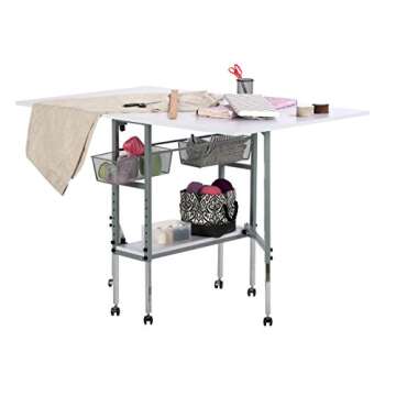 Sew Ready Hobby and Cutting Table - 58.75" W x 36.5" D White Arts and Crafts Table with 2 Mesh Storage Drawers, Silver/White