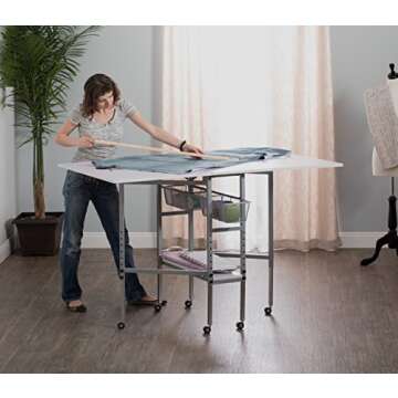 Sew Ready Hobby and Cutting Table - 58.75" W x 36.5" D White Arts and Crafts Table with 2 Mesh Storage Drawers, Silver/White