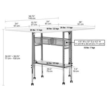 Sew Ready Hobby and Cutting Table - 58.75" W x 36.5" D White Arts and Crafts Table with 2 Mesh Storage Drawers, Silver/White