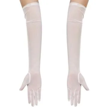 Hazhlko Women's Long Stretchy Mesh Tulle Sheer Gloves Costume Wedding Opera Halloween Party 1920's Dance Gloves White