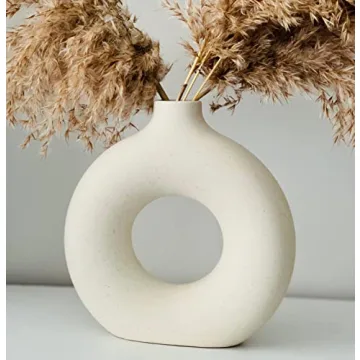 RyddeligHome White Ceramic Donut Vase for Pampas Grass