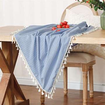 Stylish Blue and White Stripe Tablecloth with Tassels