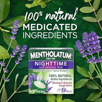 Mentholatum Nighttime Vaporizing Rub, Lavender Scent, Maximum Strength Cough Suppressant, Topical Chest Rub & Analgesic Ointment, Soothing Vapors Relieve Aches & Pains Due to Cold & Cough, 1.76 oz