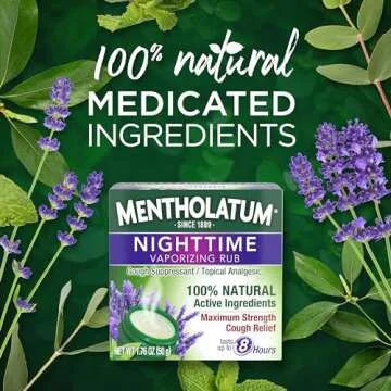 Mentholatum Nighttime Vaporizing Rub, Lavender Scent, Maximum Strength Cough Suppressant, Topical Chest Rub & Analgesic Ointment, Soothing Vapors Relieve Aches & Pains Due to Cold & Cough, 1.76 oz