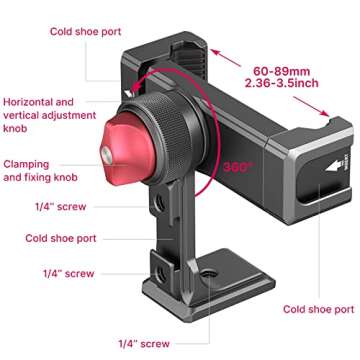 Smartphone Phone Clamp Holder w Selfie Mirror Cold Shoe Mic/Light Mount Camera Tilt Flip Screen Vlogging Accessory Video Shooting Compatible for iPhone 16 15 14 13 12 Pro Max Rig, for Sony Canon DSLR