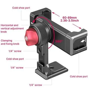 Smartphone Phone Clamp Holder w Selfie Mirror Cold Shoe Mic/Light Mount Camera Tilt Flip Screen Vlogging Accessory Video Shooting Compatible for iPhone 16 15 14 13 12 Pro Max Rig, for Sony Canon DSLR