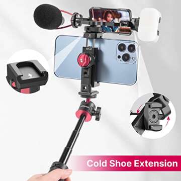 Smartphone Phone Clamp Holder w Selfie Mirror Cold Shoe Mic/Light Mount Camera Tilt Flip Screen Vlogging Accessory Video Shooting Compatible for iPhone 16 15 14 13 12 Pro Max Rig, for Sony Canon DSLR