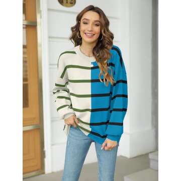 Fisoew Womens Striped Pullover Sweater Crew Neck Long Sleeve Knitted Color Block Casual Loose Lightw...