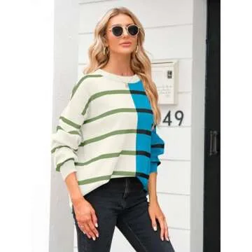 Fisoew Womens Striped Pullover Sweater Crew Neck Long Sleeve Knitted Color Block Casual Loose Lightweight Sweaters for Women Blue