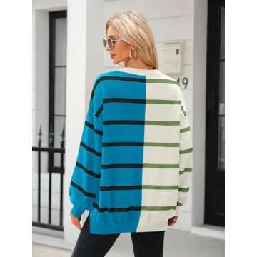 Fisoew Womens Striped Pullover Sweater Crew Neck Long Sleeve Knitted Color Block Casual Loose Lightweight Sweaters for Women Blue