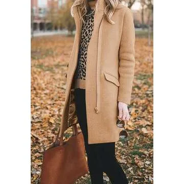 BZB Womens Winter Long Coat Zip Up Casual Wool Blend Over Stand Neck Pea Coats Mid-Long Jackets Camel