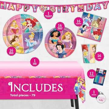 Disney Princess Party Supplies and Decorations for Princess Birthday Party Theme, Serves 16 Guests a...