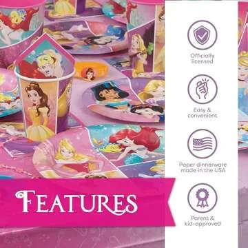 Disney Princess Party Supplies and Decorations for Princess Birthday Party Theme, Serves 16 Guests and Includes Tableware and Decor with Tablecloth, Banner, Plates, Napkins, Candles, Button