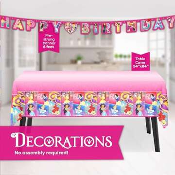Disney Princess Party Supplies and Decorations for Princess Birthday Party Theme, Serves 16 Guests and Includes Tableware and Decor with Tablecloth, Banner, Plates, Napkins, Candles, Button
