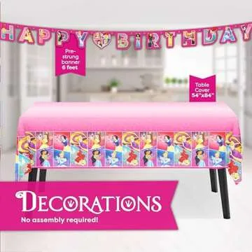 Disney Princess Party Supplies and Decorations for Princess Birthday Party Theme, Serves 16 Guests and Includes Tableware and Decor with Tablecloth, Banner, Plates, Napkins, Candles, Button