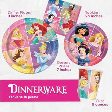 Disney Princess Party Supplies and Decorations for Princess Birthday Party Theme, Serves 16 Guests and Includes Tableware and Decor with Tablecloth, Banner, Plates, Napkins, Candles, Button