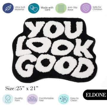 ELDONE You Look Good Bath Mat - Cool Black and White Bathroom Rugs Non Slip Washable, Black Bathroom Decor, Hypebeast Bedroom Decor Aesthetic, Cute Funny Funky Trendy Bathroom Mats 25" x 21"