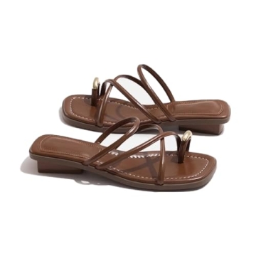 LVOMU Women's Leather Strappy Metal Button Toe Ring Slides Sandals for Summer Parties