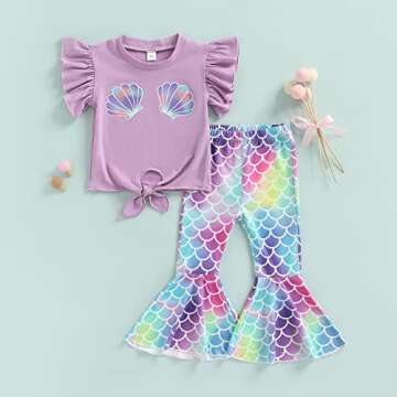 Toddler Kid Baby Girls Outfits Fly Sleeve Shell Crop Tops T-Shirt Mermaid Flared Pants Summer Birthday Clothes 1-6T
