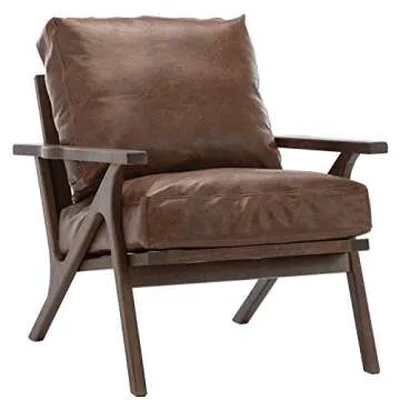 Guyou Mid Century Modern Faux Leather Accent Chair, Comfy Retro Upholstered Wooden Lounge Arm Chair for Living Room/Bedroom/Hosting Room (Dark Brown)
