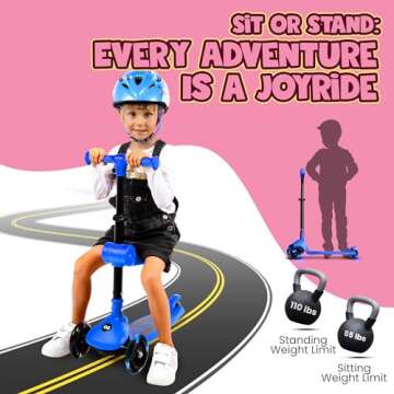 SereneLife 3-Wheel Foldable Kids Scooter – LED Wheel Lights, Adjustable Handlebar, Rear Foot Brake...