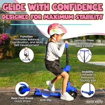 SereneLife 3-Wheel Foldable Kids Scooter – LED Wheel Lights, Adjustable Handlebar, Rear Foot Brake, Lean-to-Steer, Anti-Slip Deck – Ideal for Toddlers & Kids 2+, up to 110 lbs