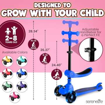 SereneLife 3-Wheel Foldable Kids Scooter – LED Wheel Lights, Adjustable Handlebar, Rear Foot Brake, Lean-to-Steer, Anti-Slip Deck – Ideal for Toddlers & Kids 2+, up to 110 lbs