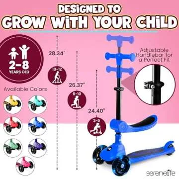 SereneLife 3-Wheel Foldable Kids Scooter – LED Wheel Lights, Adjustable Handlebar, Rear Foot Brake, Lean-to-Steer, Anti-Slip Deck – Ideal for Toddlers & Kids 2+, up to 110 lbs
