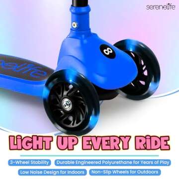 SereneLife 3-Wheel Foldable Kids Scooter – LED Wheel Lights, Adjustable Handlebar, Rear Foot Brake, Lean-to-Steer, Anti-Slip Deck – Ideal for Toddlers & Kids 2+, up to 110 lbs