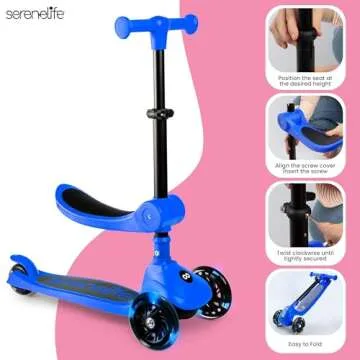 SereneLife 3-Wheel Foldable Kids Scooter – LED Wheel Lights, Adjustable Handlebar, Rear Foot Brake, Lean-to-Steer, Anti-Slip Deck – Ideal for Toddlers & Kids 2+, up to 110 lbs