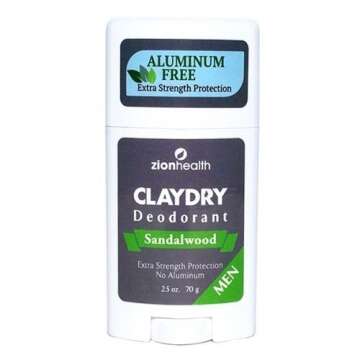 2 Pack Clay Dry Deodorant for Men - Sandalwood Scent - Zion Health 2.5 oz Stick