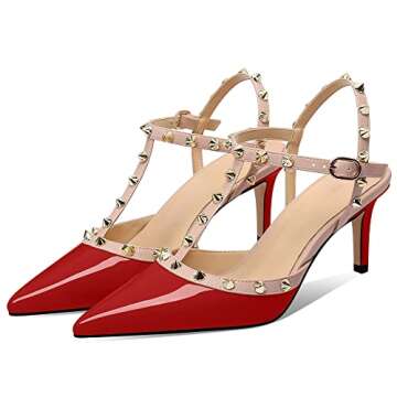 MIRAAZZURRA Women Heeled Sandals Rivet Studded T-Strap Wedding Shoes Stiletto High Heels Pointed Toe Slip On Bridal Pumps for Women US Size 10 Red