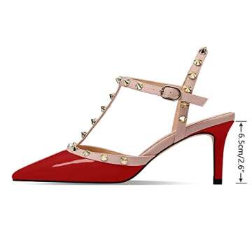 MIRAAZZURRA Women Heeled Sandals Rivet Studded T-Strap Wedding Shoes Stiletto High Heels Pointed Toe Slip On Bridal Pumps for Women US Size 10 Red