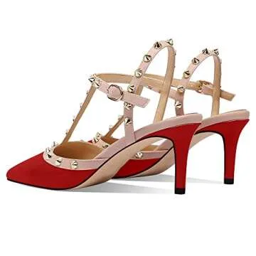 MIRAAZZURRA Women Heeled Sandals Rivet Studded T-Strap Wedding Shoes Stiletto High Heels Pointed Toe Slip On Bridal Pumps for Women US Size 10 Red
