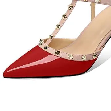 MIRAAZZURRA Women Heeled Sandals Rivet Studded T-Strap Wedding Shoes Stiletto High Heels Pointed Toe Slip On Bridal Pumps for Women US Size 10 Red