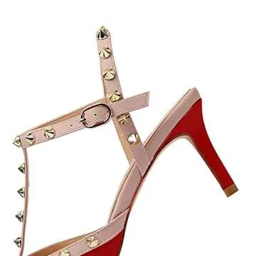 MIRAAZZURRA Women Heeled Sandals Rivet Studded T-Strap Wedding Shoes Stiletto High Heels Pointed Toe Slip On Bridal Pumps for Women US Size 10 Red