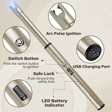 Navpeak Candle Lighter Long Neck Windproof Electric Arc Lighter for Gas Stove Fireplace BBQ Kitchen Grills (Champagne Gold)