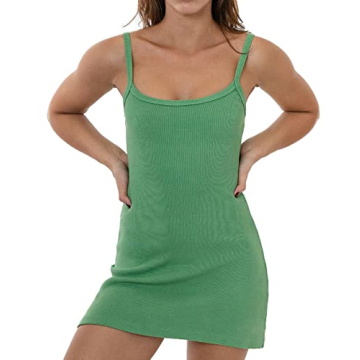 Ashen Fane Women's Sleeveless Heavy Rib Cotton Spaghetti Strap Casual Mini Dress in Spring Green, Sm...