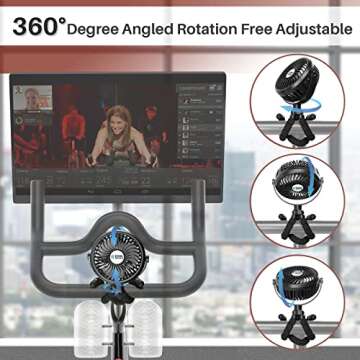 COOLWUFAN Fan for Bike, 3 Speeds Rotatable Battery Powered Exercise Bike Fan with LED Lights of 3 Setting, USB Portable Fan for Bike, Accessories for Bicycle